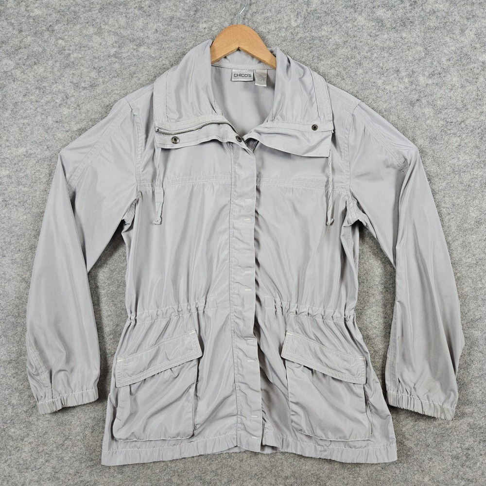 Chicos Women's Gray Full Zip Utility Jacket‎ Drawstring Waist Size 1 (M) SPOTS